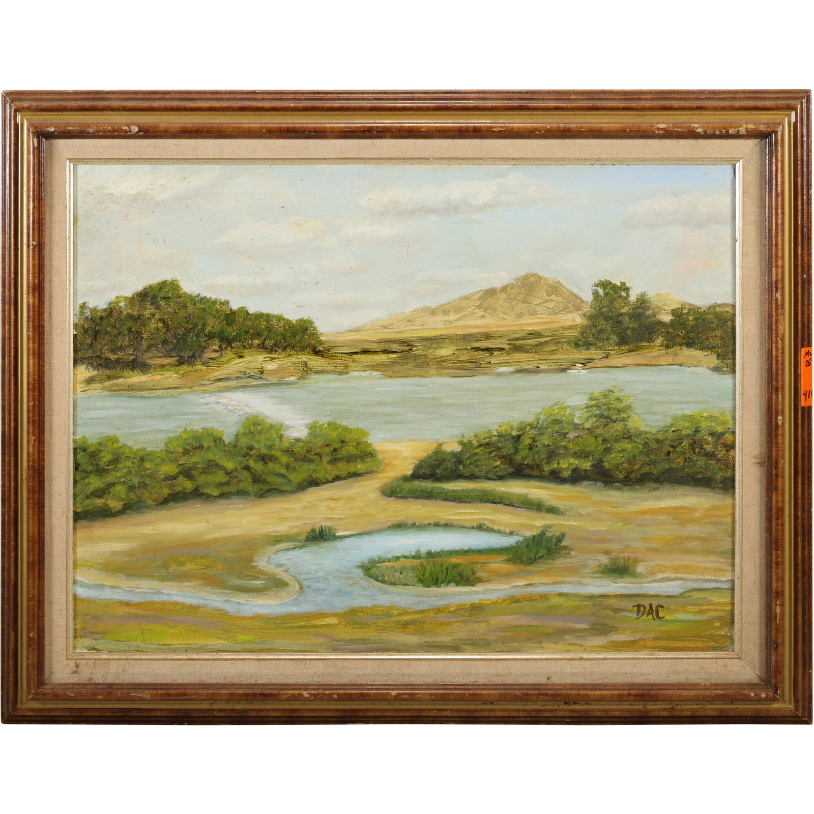 David A Clark [DAC], Vintage Oil on Canvas Painting, River Landscape with Inlets, Framed: " This item requires an appointment scheduled via email (donny@donnymaloneauctions.com) at least 24 hours before pick-up. Antique 19th C. Glass and Metal Ewer with Genre Scene Panel 15.5 in. height. s