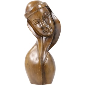 Mid-Century Modern wood sculpture of an elegant woman, often referred to as "Madonna" 18 in. height