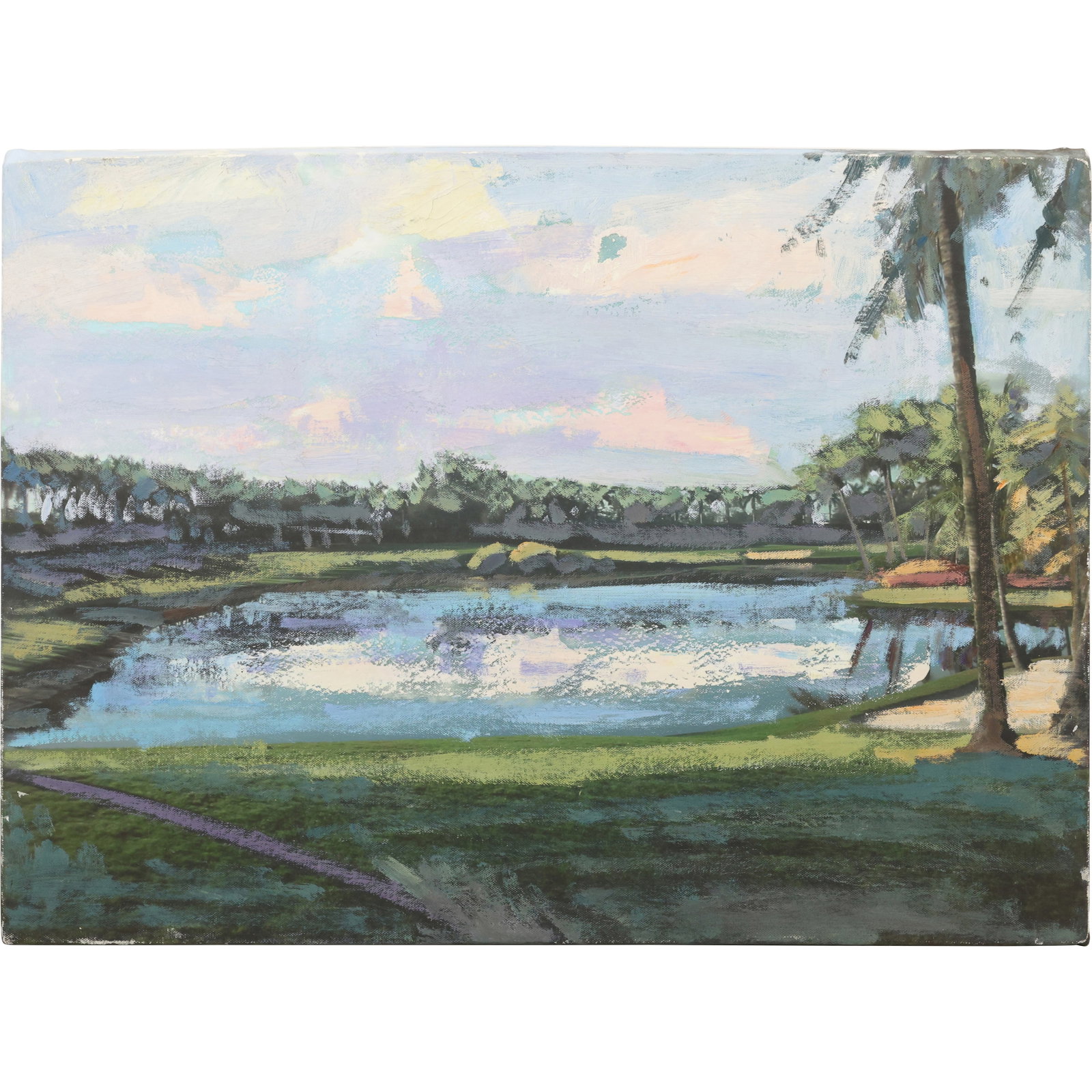 20 th C. painting of a golf course landscape, featuring a body of water, green fairways, and trees: This item requires an appointment scheduled via email (donny@donnymaloneauctions.com) at least 24 hours before pick-up. size: 20 th C. painting of a golf course landscape, featuring a body of water, g