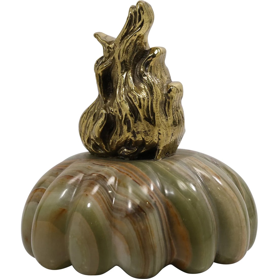 Green Onyx with Gold Gilt Finial Pumkin Form Topper / Paperweight: " This item requires an appointment scheduled via email (donny@donnymaloneauctions.com) at least 24 hours before pick-up. Green Onyx with Gold Gilt Finial Pumkin Form Topper / Paperweight. size: 5.5h 