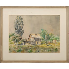 Signed W E Parisen, Fine Watercolor Painting Farmhouse in Landscape