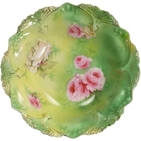 RS PRUSSIA Fine Porcelain Bowl with Hand Painted Pink Roses 10.75 in. diameter
