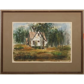 Signed G Gunther, Fine Watercolor Painting House in Woodland Landscape