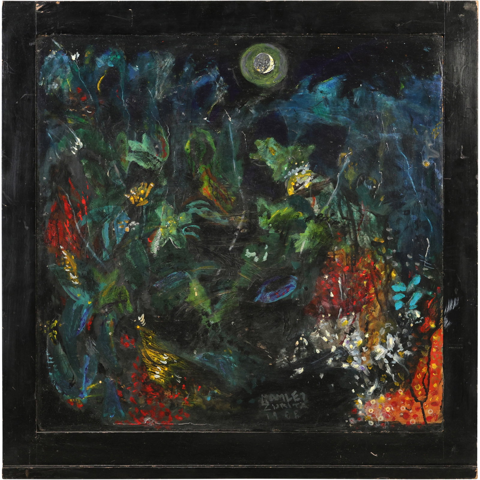 Hamlet Zurita NYC 1998, Abstract Oil on Board Painting Titled "Amazonia": This item requires an appointment scheduled via email (donny@donnymaloneauctions.com) at least 24 hours before pick-up. size: Hamlet Zurita NYC 1998, Abstract Oil on Board Painting Titled "Amazonia" s