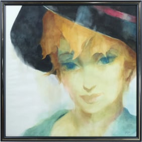 JIM FORD Signed Large Watercolor Painting of a Young Fashion Girl Wearing Hat, Framed