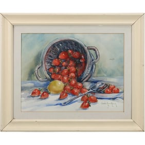 Carole Ann Heck, Watercolor Painting, Basket of Spilt Strawberries, Signed, Framed