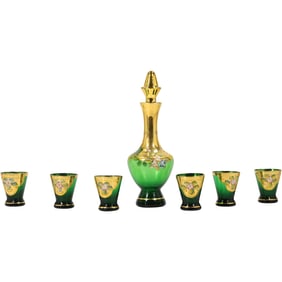 Emerald Green Glass with Heavy Gold Decoration Liquor Decanter with 6 Matching Cordials