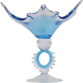 Fabulous Sculptured Glass Pedestal Compote Blue and Clear Crystal Glass 13 in. height, 16.5in. wide