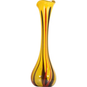 Mid Century Romanian Art Glass Vase Yellow Red & Black Striped Flame Design