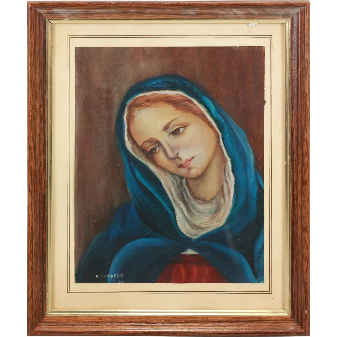 A Dimperio 1957, Oil Painting Portrait of Madonna, Framed: This item requires an appointment scheduled via email (donny@donnymaloneauctions.com) at least 24 hours before pick-up. size: A Dimperio 1957, Oil Painting Portrait of Madonna, Framed. size: 11 x 14 f