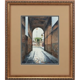 Watercolor Painting, Arched Walkway to Courtyard, Framed, Signed Illegible, Paris 2000