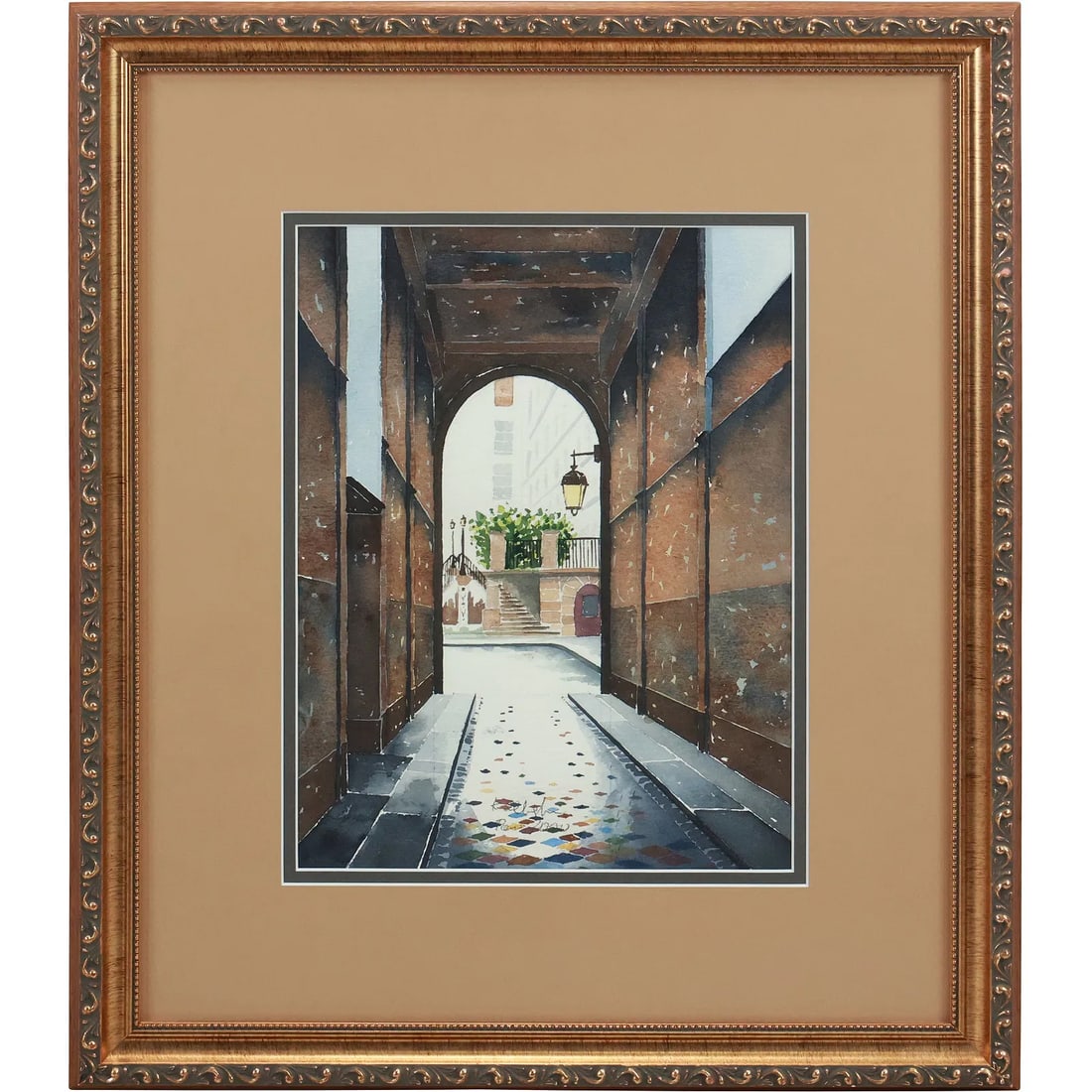 Watercolor Painting, Arched Walkway to Courtyard, Framed, Signed Illegible, Paris 2000: This item requires an appointment scheduled via email (donny@donnymaloneauctions.com) at least 24 hours before pick-up. size: Watercolor Painting, Arched Walkway to Courtyard, Framed, Signed. size: 14