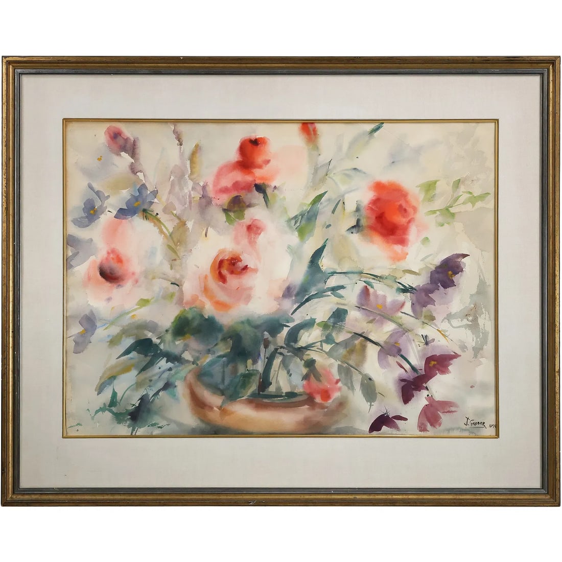 Signed J Grober 1976, Vintage Watercolor Painting Still Life Flowers in Vase, Framed (1 of 13)