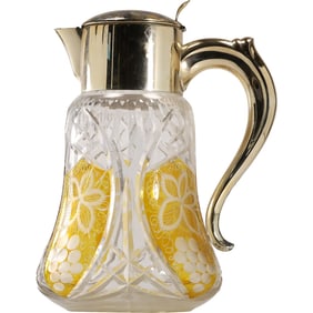 Large Bohemian Amber Cut to Clear Glass Grape and Leaf Pitcher Jug 12.5 in. height