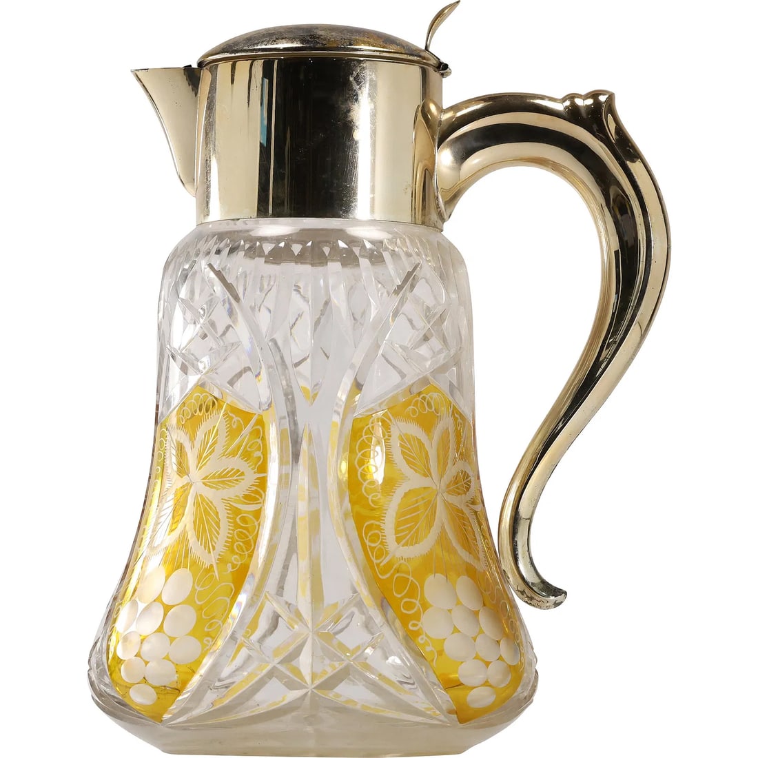 Large Bohemian Amber Cut to Clear Glass Grape and Leaf Pitcher Jug 12.5 in. height (1 of 17)