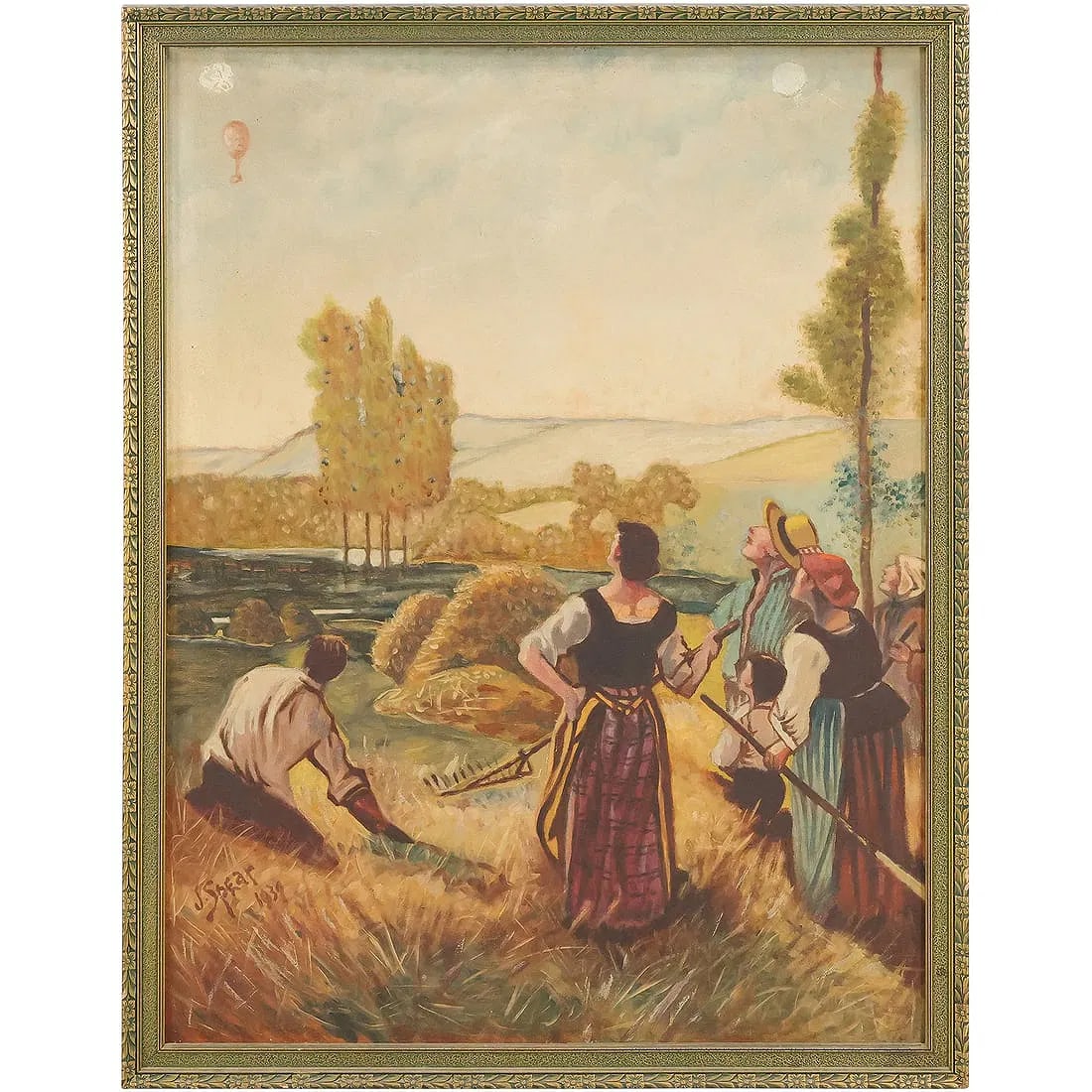 Signed J Spear 1939, Oil on Board Painting, Hot Air Balloon Over a Farm with Figures Gazing: This item requires an appointment scheduled via email (donny@donnymaloneauctions.com) at least 24 hours before pick-up. size: Signed J Spear 1939, Oil on Board Painting, Hot Air Balloon Over a Farm wi