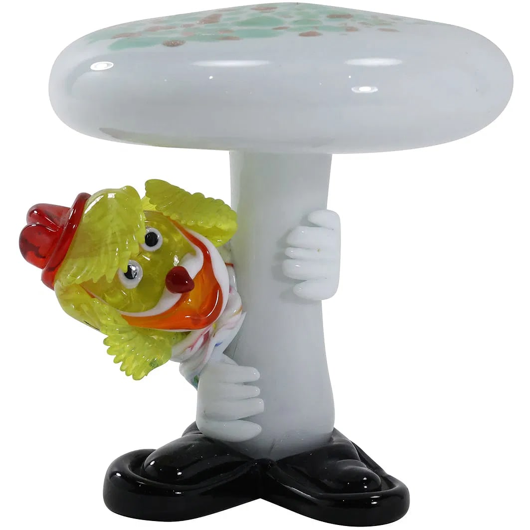 Italian Murano Art Glass Clown Holding a Mushroom 5.5 in. height x 6 in. wide: " This item requires an appointment scheduled via email (donny@donnymaloneauctions.com) at least 24 hours before pick-up. Italian Murano Art Glass Clown Holding a Mushroom 5.5 in. height x 6 in. wide.