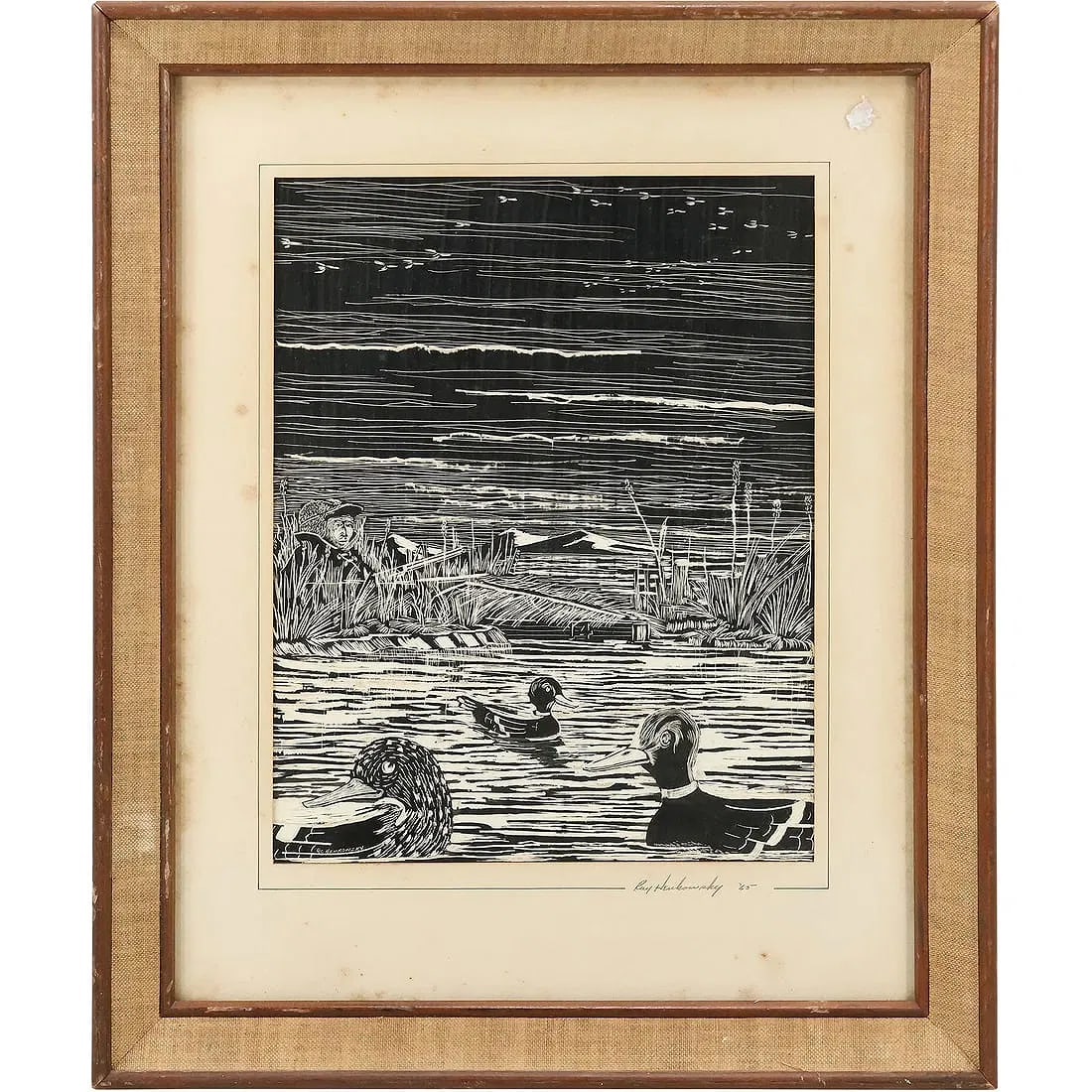 RAY HENKOWSKY "THE NIGHT IS YOUNG" WOODCUT PENCIL SIGNED (1965), Framed: This item requires an appointment scheduled via email (donny@donnymaloneauctions.com) at least 24 hours before pick-up. size: RAY HENKOWSKY "THE NIGHT IS YOUNG" WOODCUT PENCIL SIGNED (1965), Framed. s