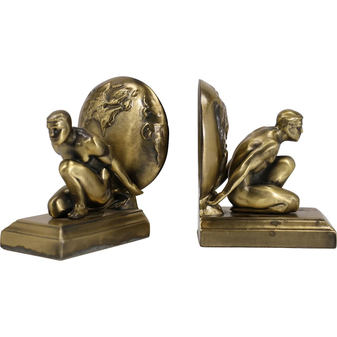 Pair of Brass Greek Mythology Atlas Bookends, Nude Men Holding World, good patina: " This item requires an appointment scheduled via email (donny@donnymaloneauctions.com) at least 24 hours before pick-up. pair of antique cast iron bookends depicts Atlas, the Titan from Greek mytholo
