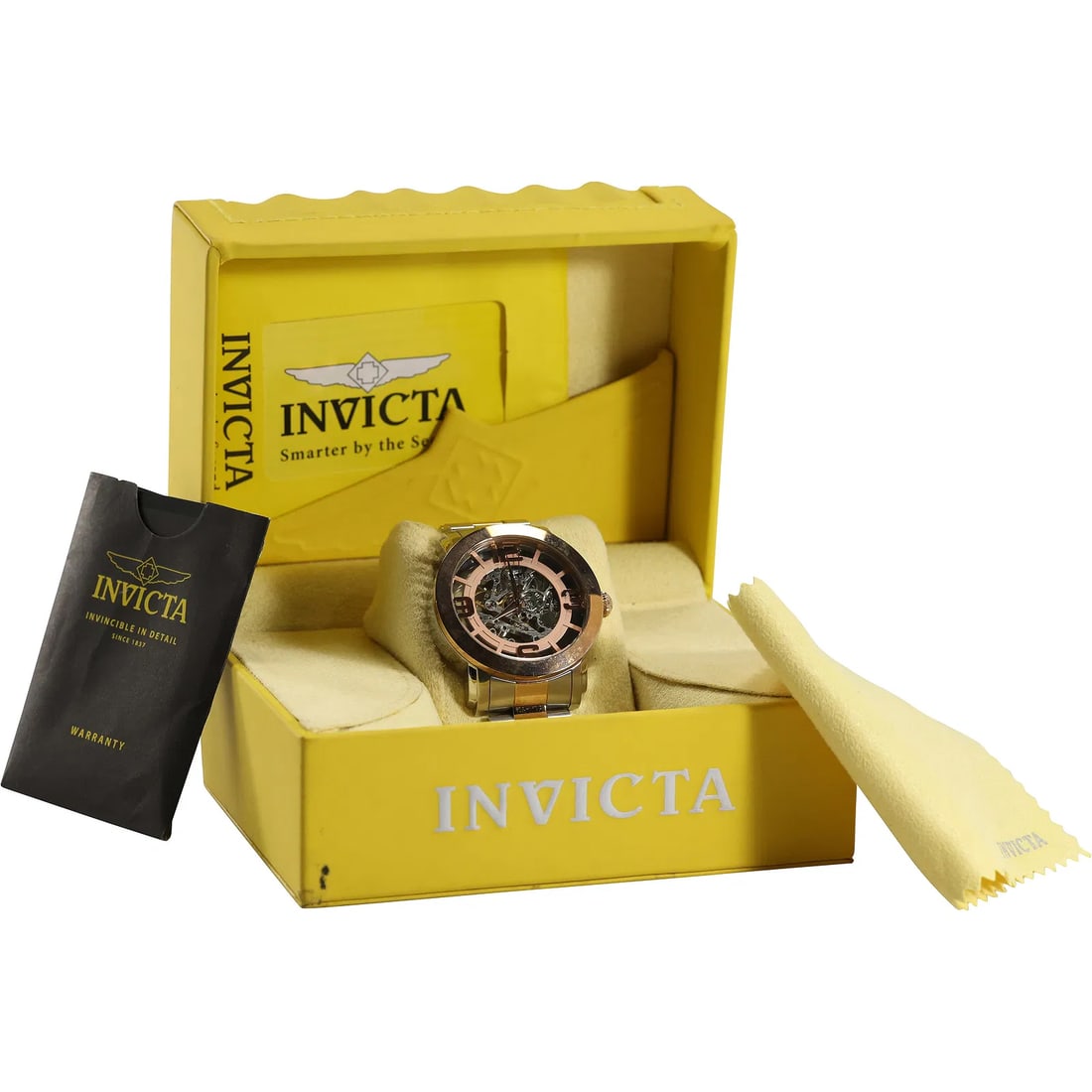 INVICTA Automatic Steel and Gold Men's Wristwatch in Original Yellow Box, Papers: " This item requires an appointment scheduled via email (donny@donnymaloneauctions.com) at least 24 hours before pick-up. INVICTA Automatic Steel and Gold Men's Wristwatch in Original Yellow Box, Pape