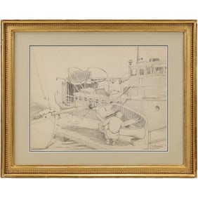 Signed E Hagen, Vintage Pencil Drawing Working on the Boats at Drydock, Framed