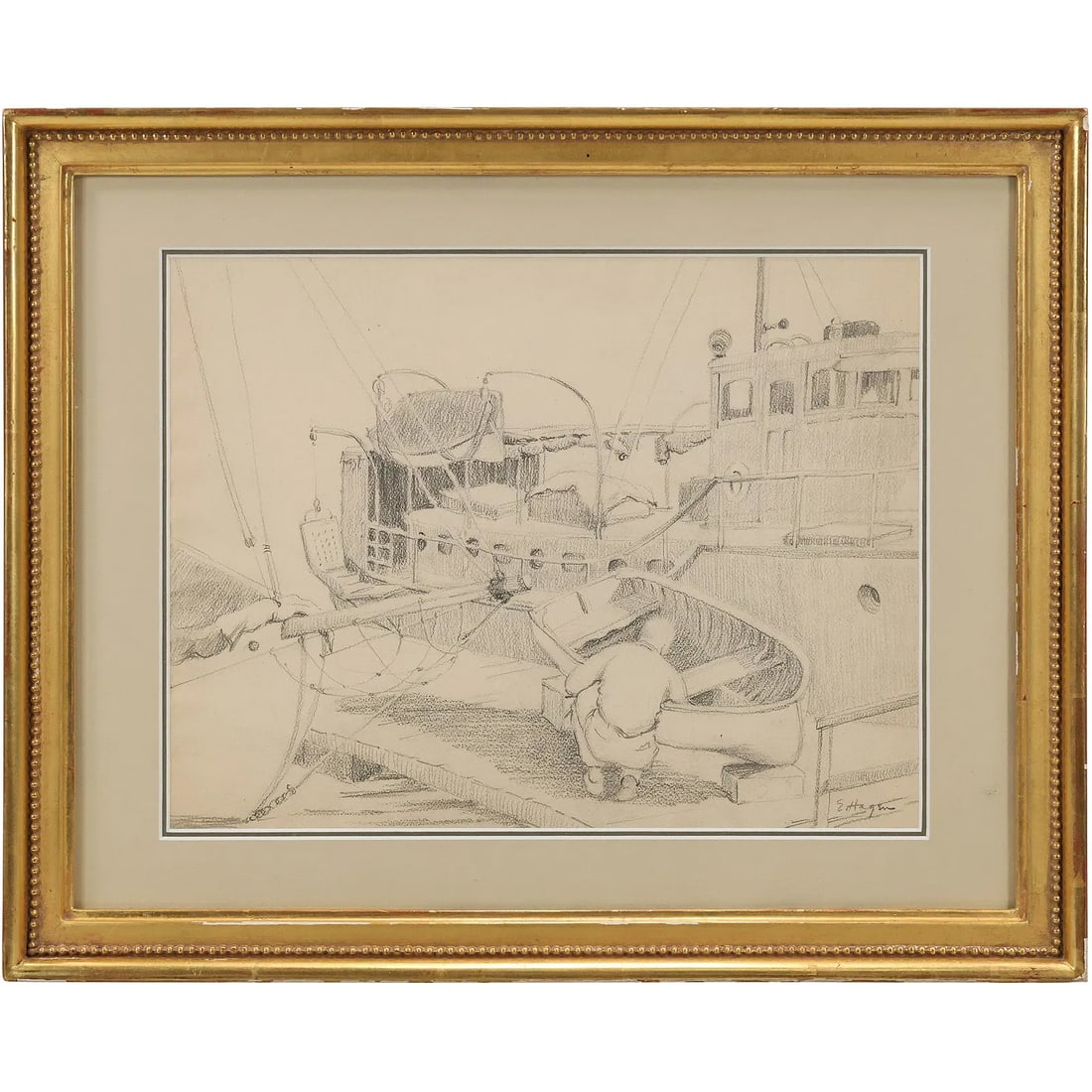 Signed E Hagen, Vintage Pencil Drawing Working on the Boats at Drydock, Framed (1 of 10)