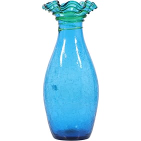 Tall Blue Cracked Glass Vase with Green Applied Threading at Top 17 inches height