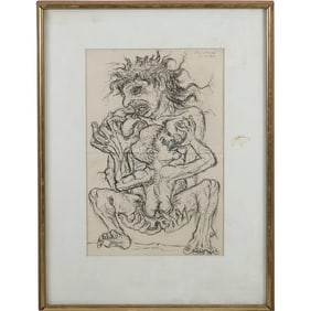 Artist Signed Peter Passuntino, Drawing Grotesque Figures "War Birth" Dated 1969, Framed