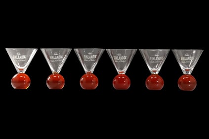 Set 6 FINLANDIA Vodka of Finland Ruby Red Glass Ball Base Martini Cocktail Glasses