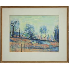 Fine 20th C. Landscape with Trees Watercolor Painting Signed Illegible Dated 1964, Original Framing