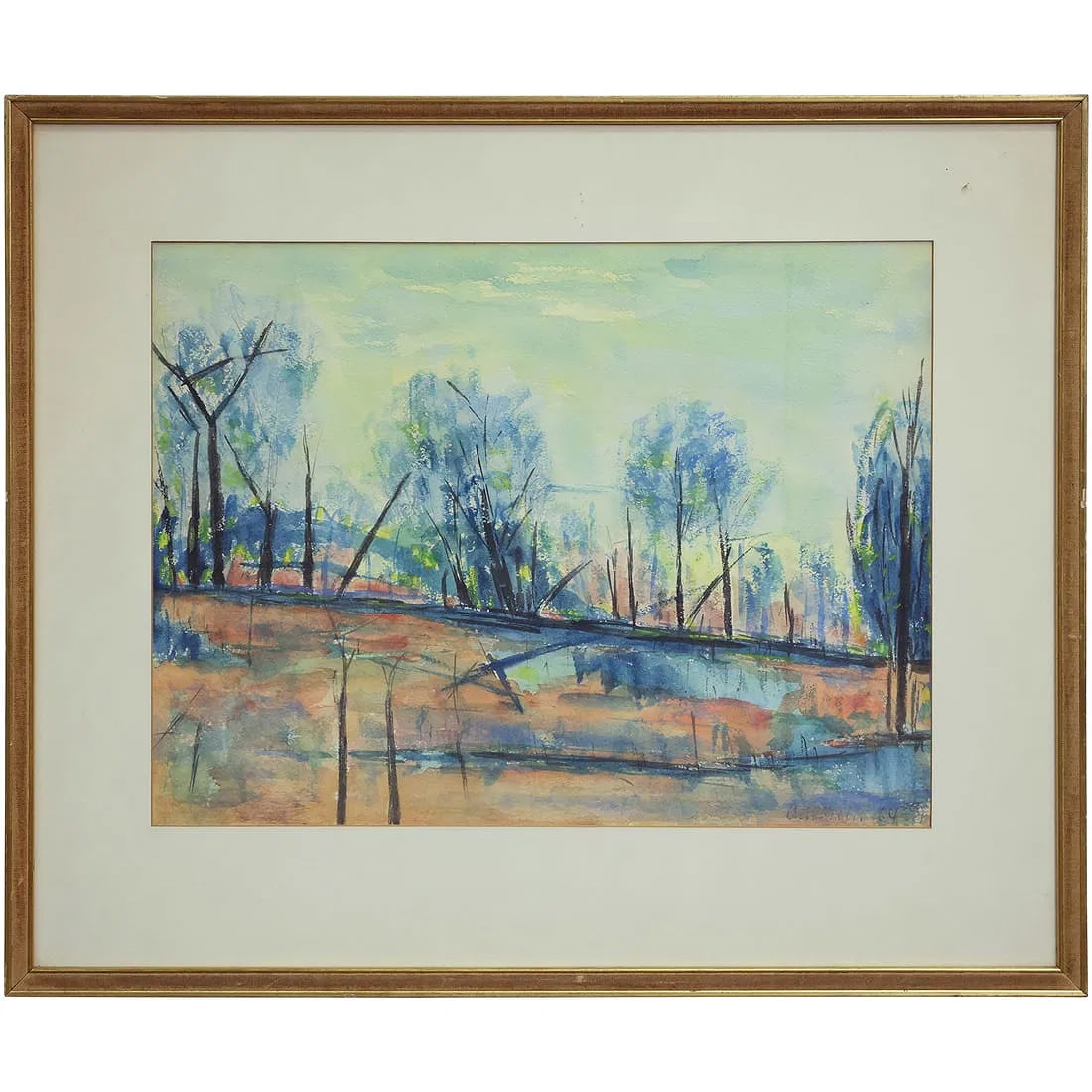 Fine 20th C. Landscape with Trees Watercolor Painting Signed Illegible Dated 1964, Original Framing (1 of 14)