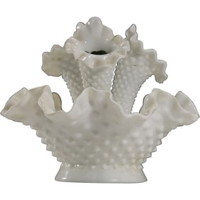 Fenton White Hobnail Glass Epergne Console Bowl with 3 Vases 7.75 in. height x 8 in. dia.