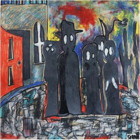 Signed SERARI, 20th C. Street Artist, Oil on Wood Panel Urban Cityscape with Ghost Figures