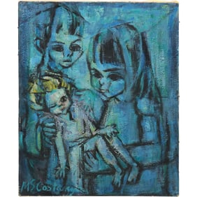 M S Costanzo, Vintage Oil on Canvas Painting Brother, Sister and Infant, Signed