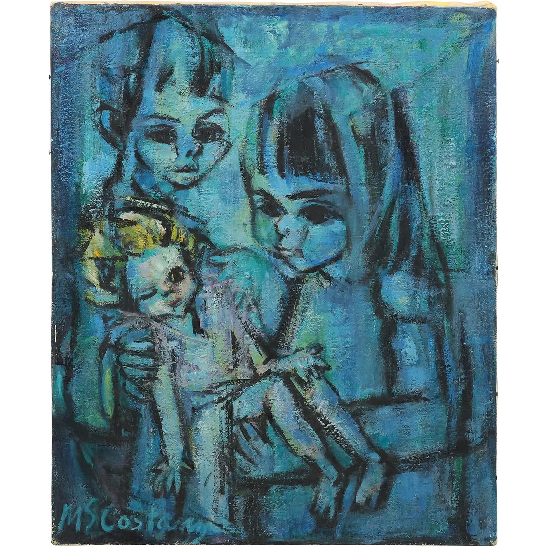M S Costanzo, Vintage Oil on Canvas Painting Brother, Sister and Infant, Signed (1 of 17)