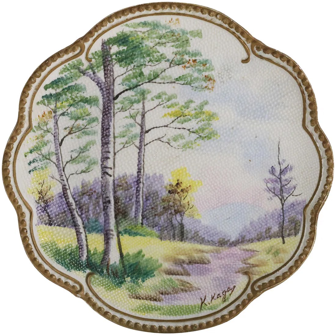 Japanese Hand Painted Porcelain Tapestry CABINET PLATE Country Scene Signed K Kagay, 7.75 in.: " This item requires an appointment scheduled via email (donny@donnymaloneauctions.com) at least 24 hours before pick-up. Japanese Hand Painted Porcelain Tapestry CABINET PLATE Country Scene Signed K 