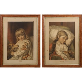 2 Framed Vintage Prints of Young Girls with Doll, Dog
