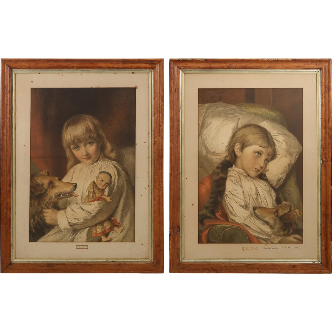 2 Framed Vintage Prints of Young Girls with Doll, Dog: This item requires an appointment scheduled via email (donny@donnymaloneauctions.com) at least 24 hours before pick-up. size: 2 Framed Vintage Prints of Young Girls with Doll, Dog. size: 27h x 21w s: 