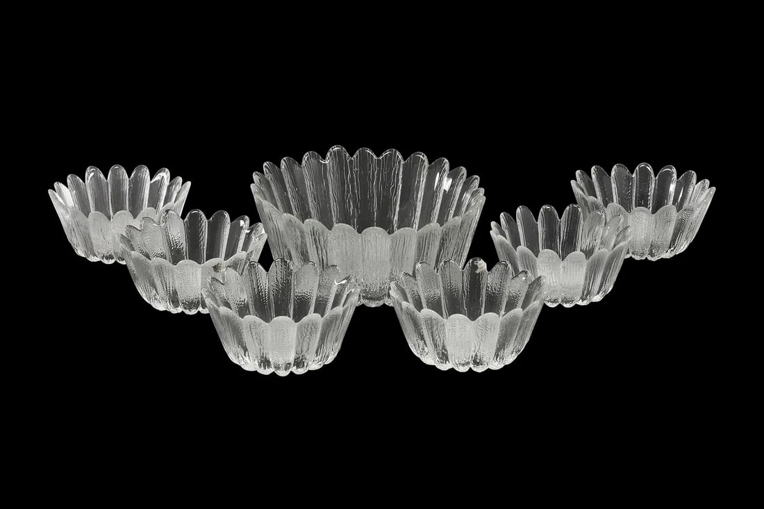 9 Pc. Set Pilgrim Heavy Textured Art Glass Flower Petal Style Clear Large Bowl & 8 Smaller Bowls (1 of 19)