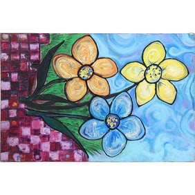 Whimsical Daisies Flowers Still Life 20th C. Oil on Canvas Painting , unsigned