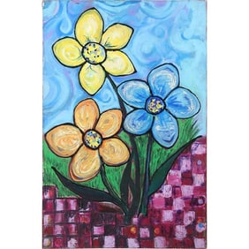 Whimsical Daisies Flowers Still Life 20th C. Oil on Canvas Painting , unsigned