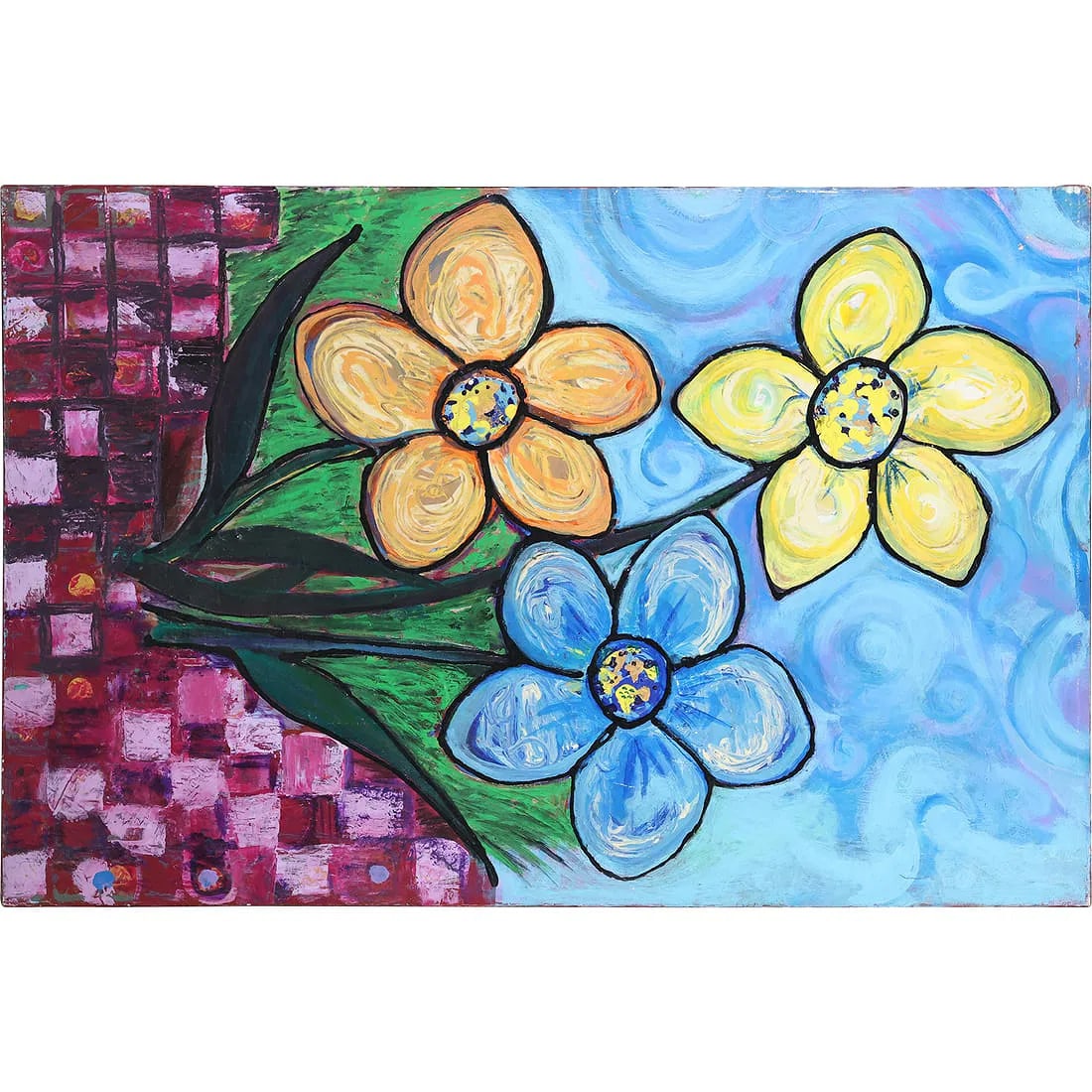Whimsical Daisies Flowers Still Life 20th C. Oil on Canvas Painting , unsigned: This item requires an appointment scheduled via email (donny@donnymaloneauctions.com) at least 24 hours before pick-up. size: Whimsical Daisies Flowers Still Life 20th C. Oil on Canvas Painting , unsi