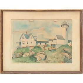 Josef Gruringer 1954, Watercolor Painting, Eastern Point Lighthouse, Exhibition Labels on Verso