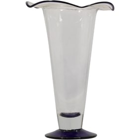 Art Glass Trumpet Vase "Pulegoso" Ruffled Rim and Cobalt Blue Base and Rim Edge 11 in. height