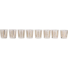 Set 8 vintage Mid-Century Modern shot glasses with a gold wheat design
