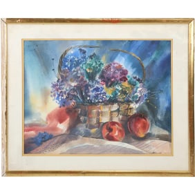 Signed Winnick, Vintage Watercolor Painting Basket of Fresh Flowers with 2 Apples Still Life