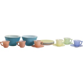 PYREX Multicolor Glass Kitchen Set, Bowls are marked but the teacups are not 2 Blue bowls 4 plates,