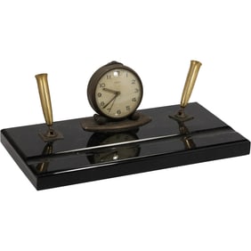 1950’s Sheaffer Fountain Pen Holder Desk Set Black Glass Base Semca Clock