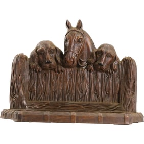 Vintage Pipe Holder Syroco Wood Horse & 2 Dogs Looking Over Fence.