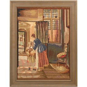 19th C. Petti Point Needlepoint Embroidery Mother and Daughter in Interior, Framed